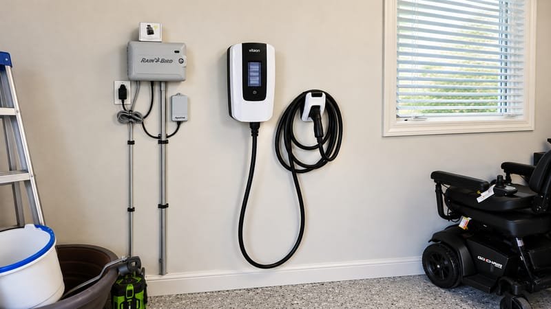 Wall-mounted Level 2 EV charger with its cable coiled in a tidy residential garage