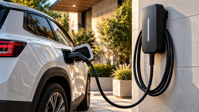 White SUV charging from a wall-mounted home EV charger
