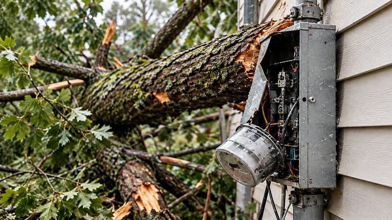 Storm-damaged meter box torn open by a fallen tree
