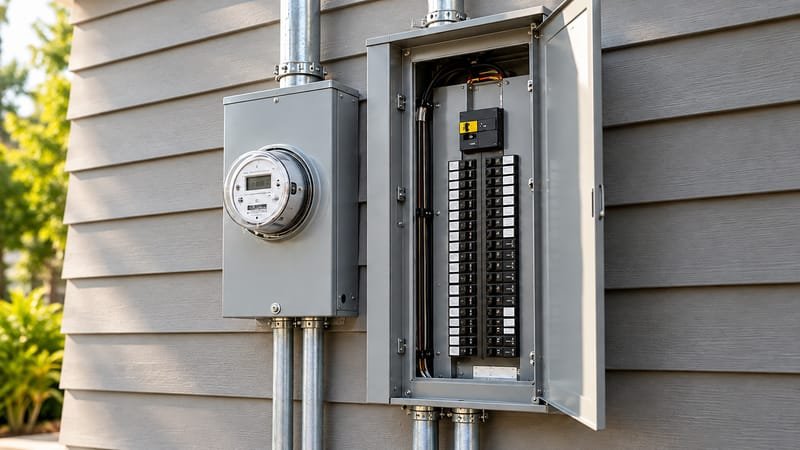 Meter box beside an open breaker panel on a home exterior