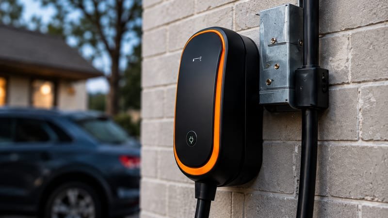 Wall-mounted EV charger on a brick exterior at dusk