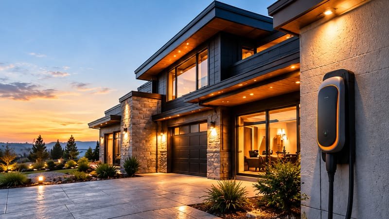 Modern home at dusk with warm lighting and a wall-mounted EV charger