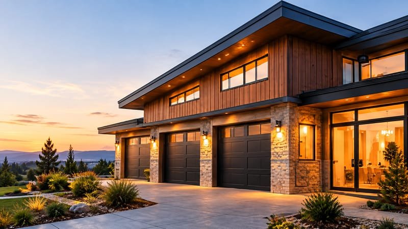 Modern home with warm exterior lighting at sunset