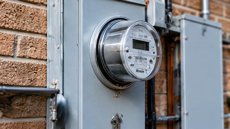 Digital electric meter in a meter box on a brick wall