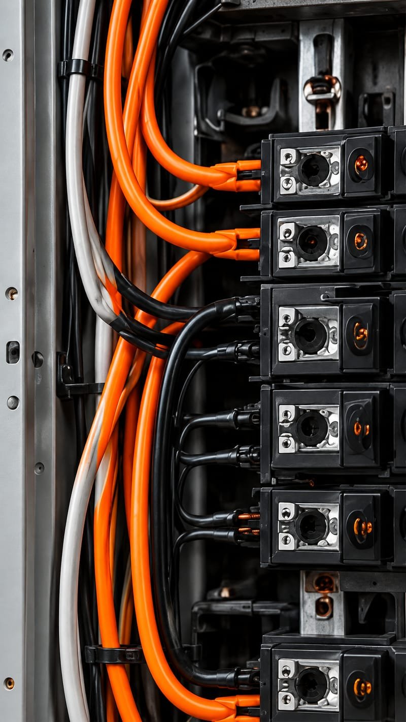 Close-up of breaker panel wiring with orange conductors
