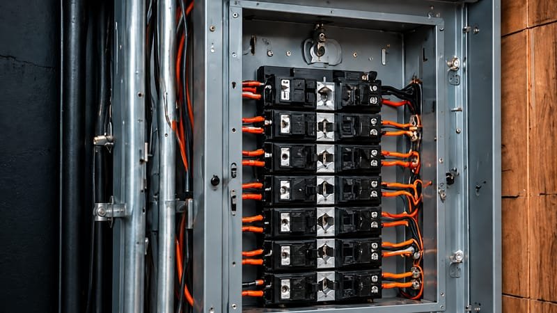 Open breaker panel with neatly routed orange wiring