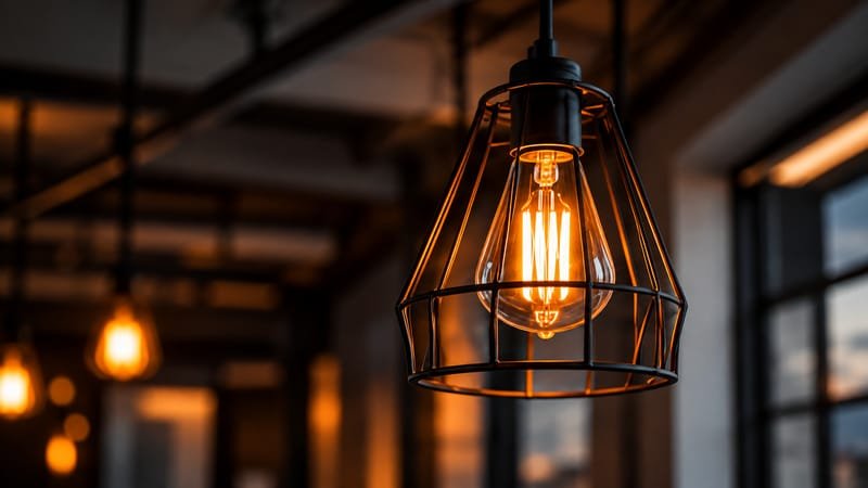 Edison pendant light glowing in a workshop