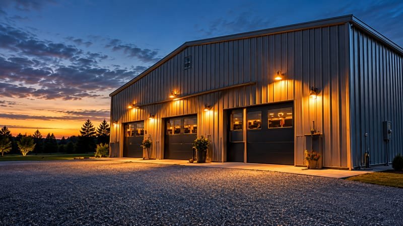 Metal workshop building with exterior lights at twilight